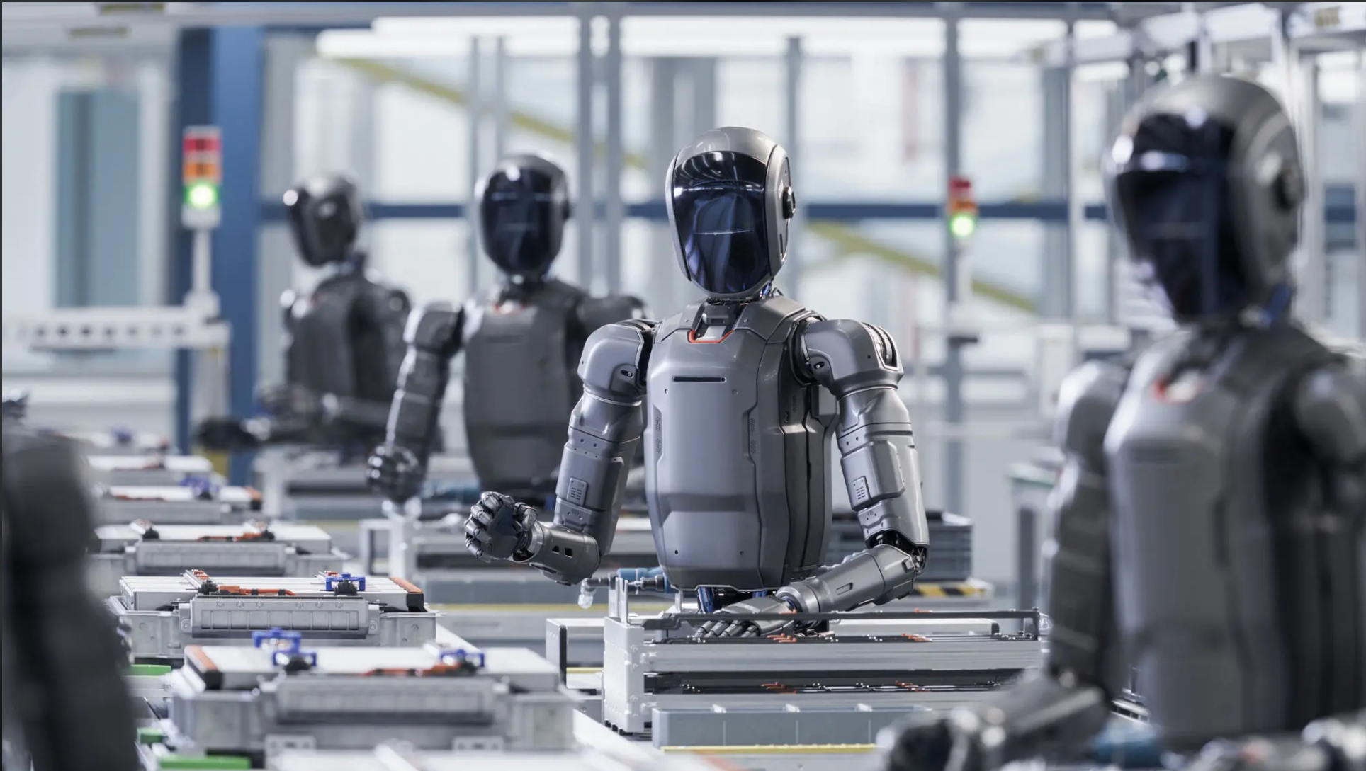 Humanoid robots working at industrial assembly stations